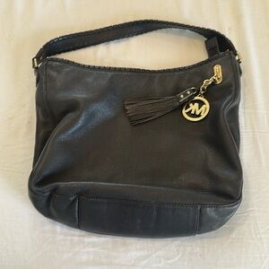Michael Kors deep brown leather zip top one strap shoulder bag with gold accents